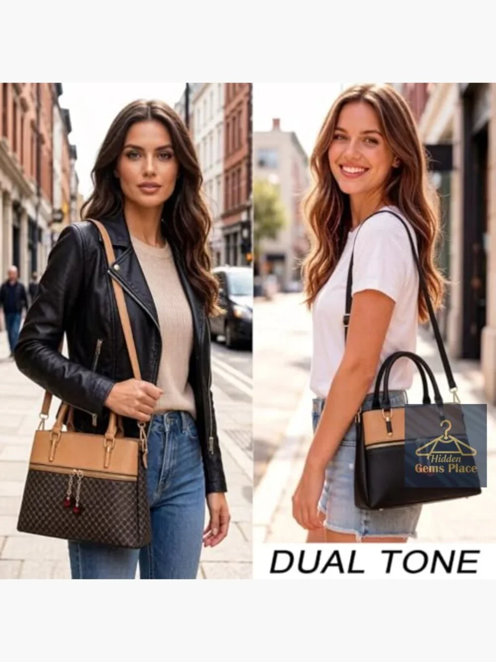 3 Zip Compartments Trendy Leather Tote Bag Shoulder Satchel Purse